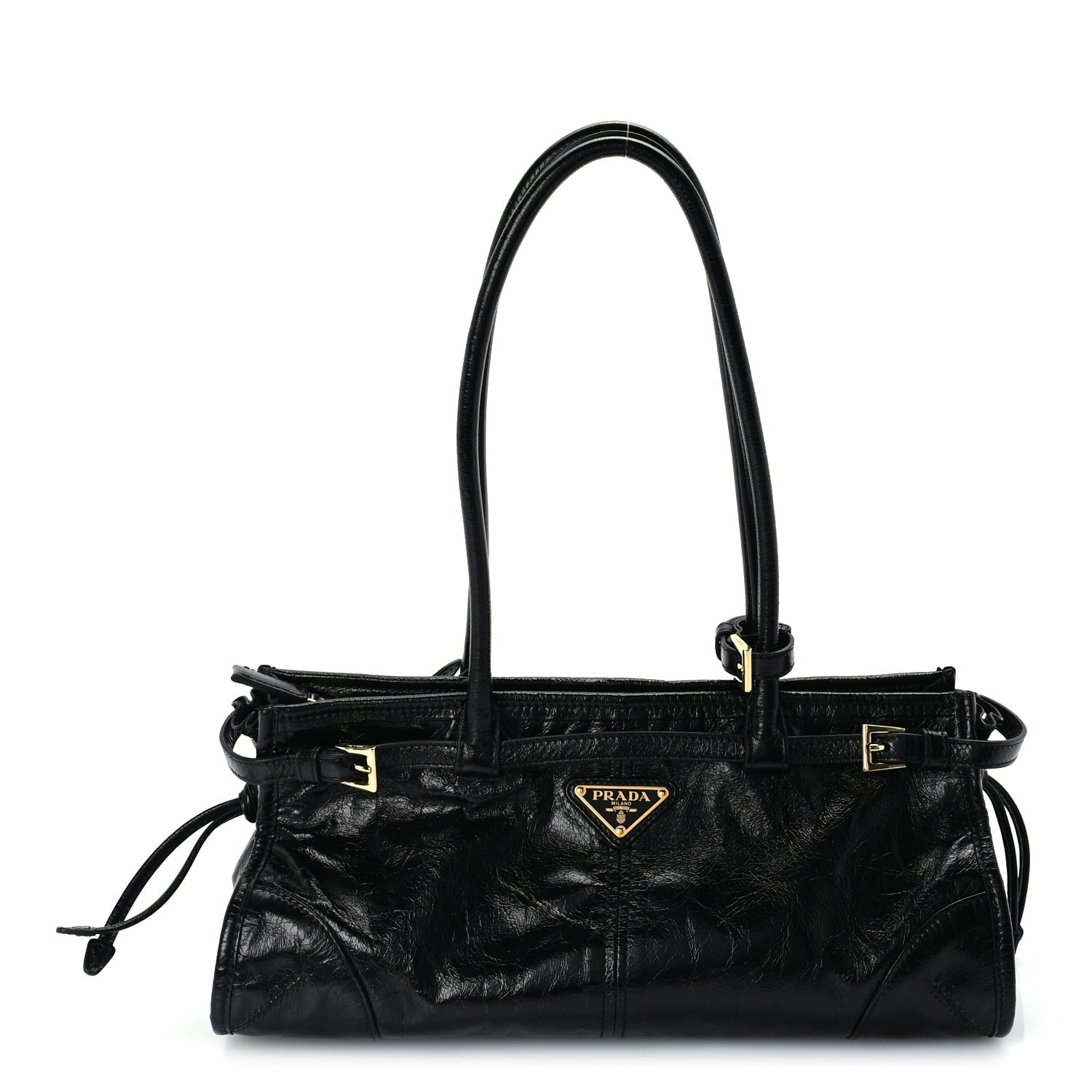 Prada Glossy Calfskin Triangle Medium Bonnie Shoulder Bag Black 1 of 8
