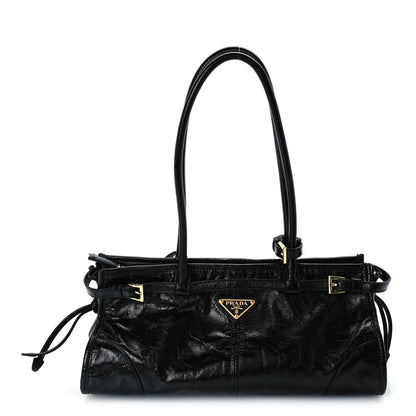 Prada Glossy Calfskin Triangle Medium Bonnie Shoulder Bag Black 1 of 8