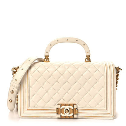 Chanel Lambskin Quilted Medium Boy Studded Handle Flap Black Gold 1 of 14