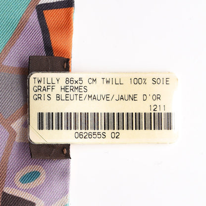Hermes Silk Graff Graffiti Twilly Gris Blueete Mauve Jaune D'or 3 of 5