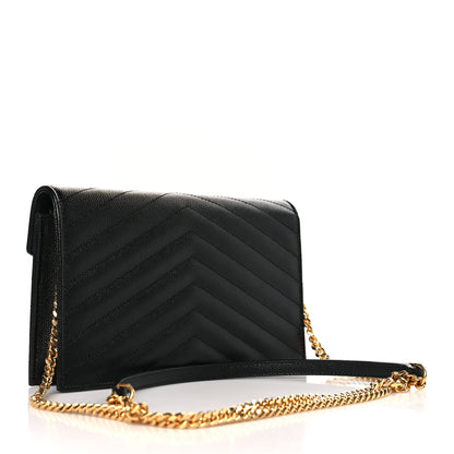 Saint Laurent Grain De Poudre Matelasse Chevron Monogram Envelope Chain Wallet Black 3 of 9
