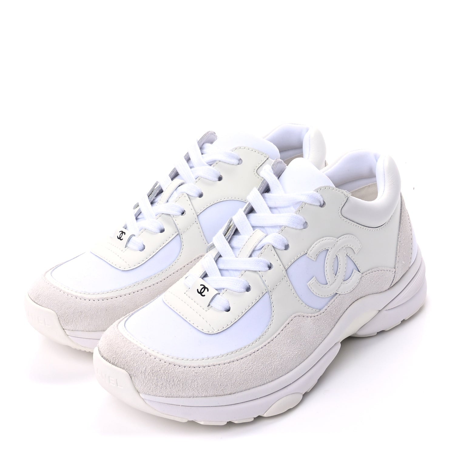 Chanel Suede Calfskin Fabric CC Sneakers 37.5 White 3 of 9