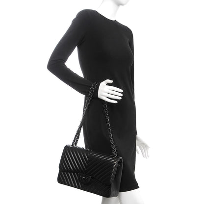 Chanel Lambskin Chevron Quilted Jumbo Double Flap So Black 3 of 9