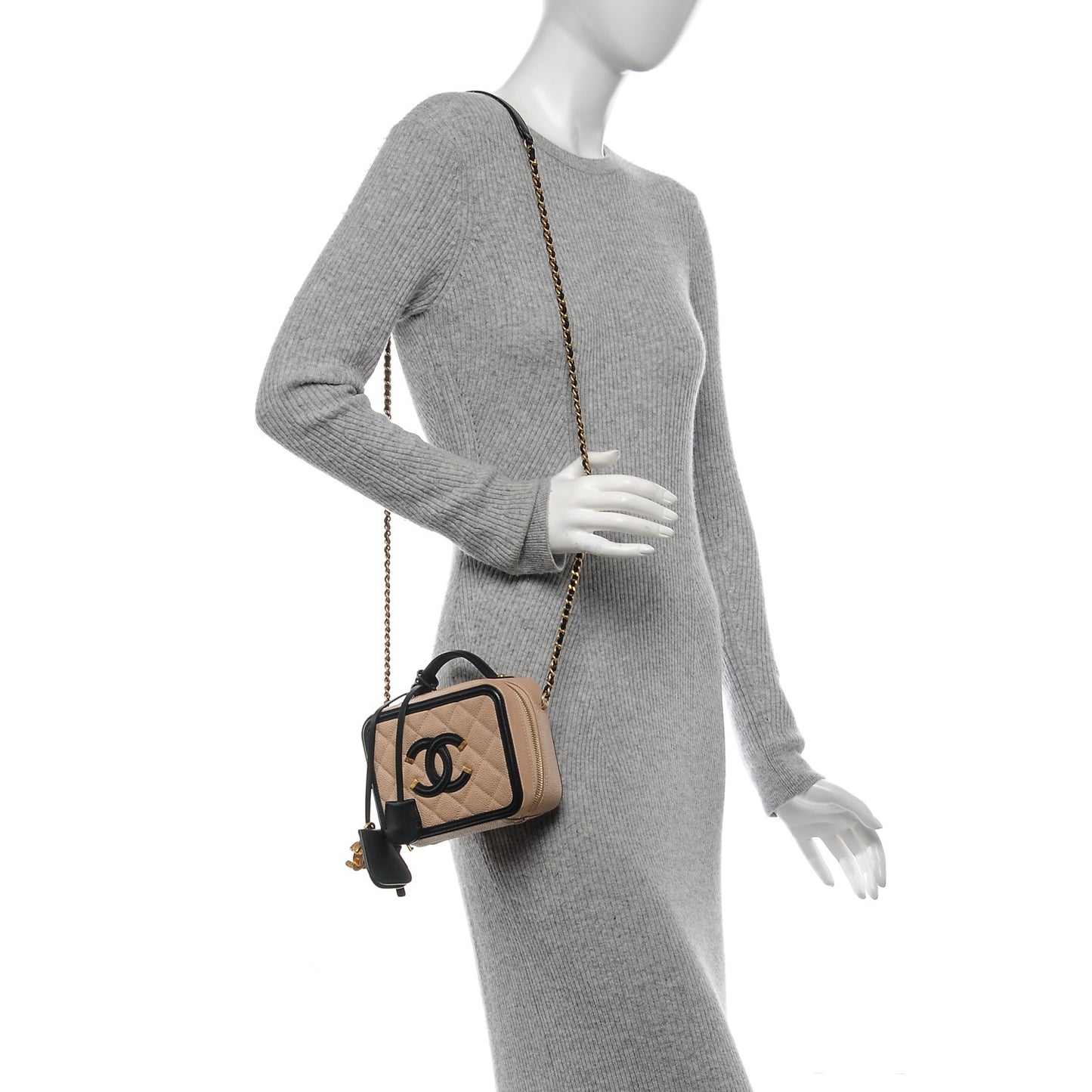 Caviar Quilted Small CC Filigree Vanity Case Beige Black