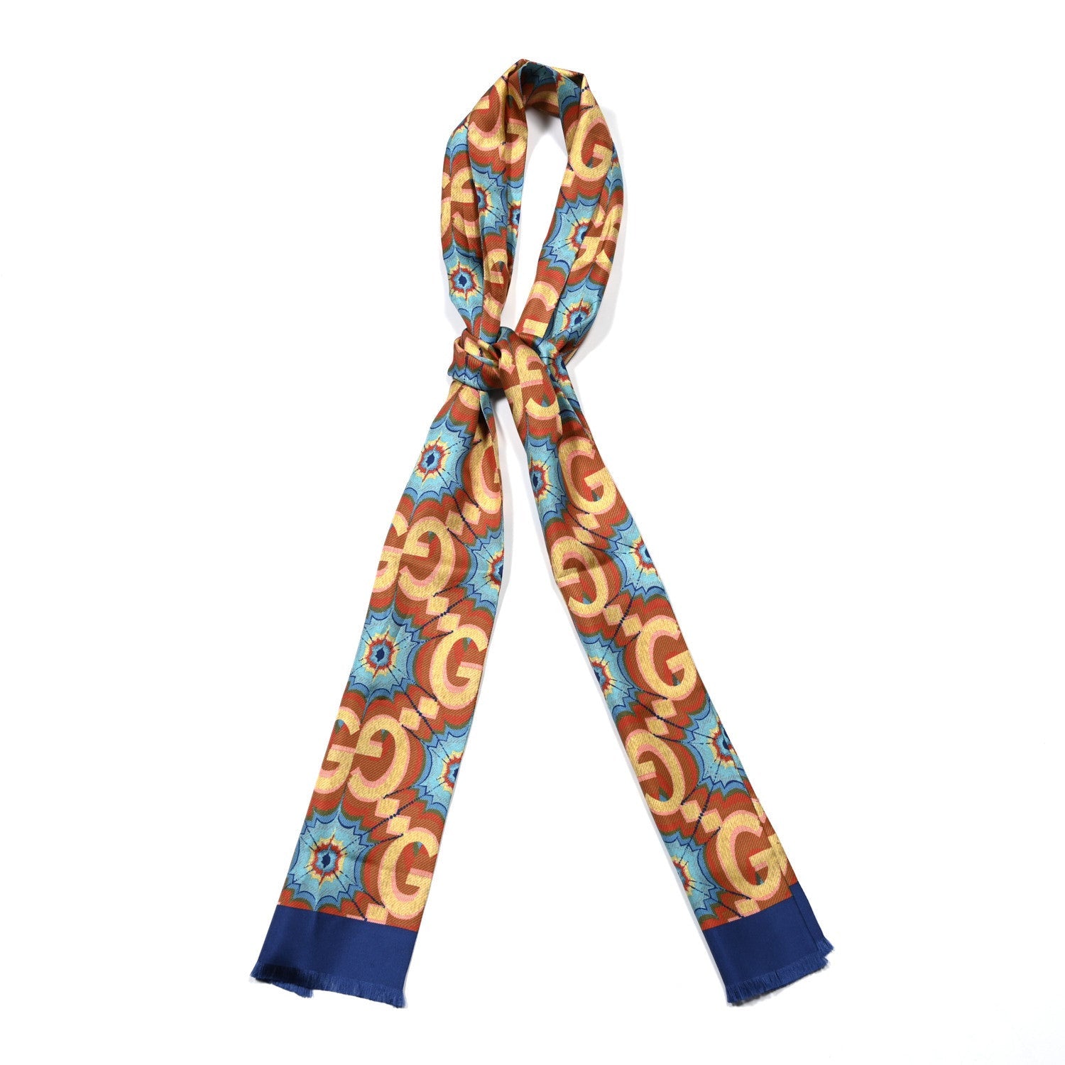 Gucci Silk Monogram Kaleidoscope 100 Fringe Scarf Blue Orange Multicolor 1 of 3