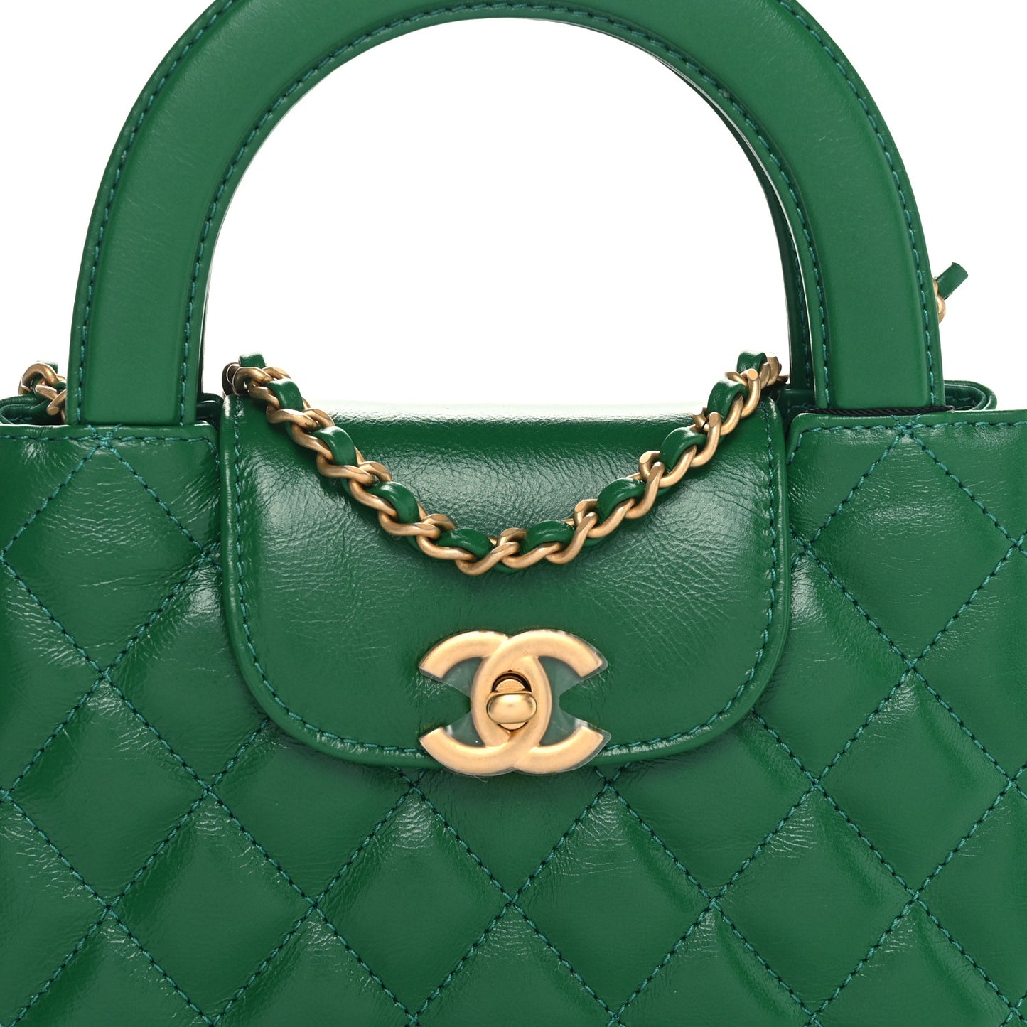 Shiny Aged Calfskin Quilted Nano Kelly Shopper Green