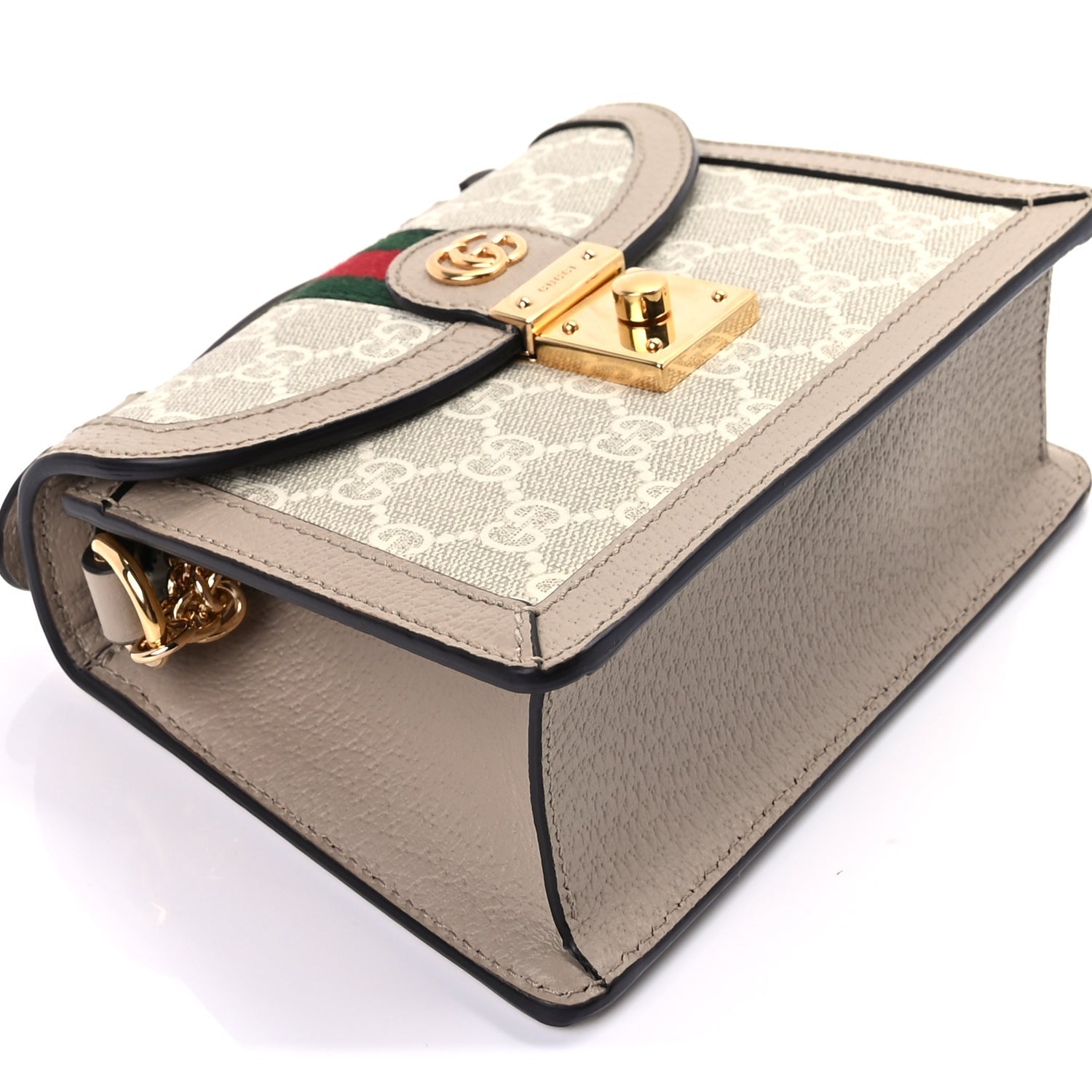 Gucci GG Supreme Monogram Textured Dollar Calfskin Web Mini Ophidia Padlock Top Handle Chain Shoulder Bag Beige Mystic White Oatmeal 9 of 10