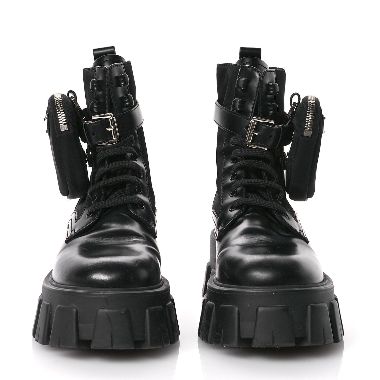Prada Spazzolato Rois Re-Nylon Metal Triangle Logo Monolith Pouch Pocket 55mm Boots 35.5 Black 3 of 7