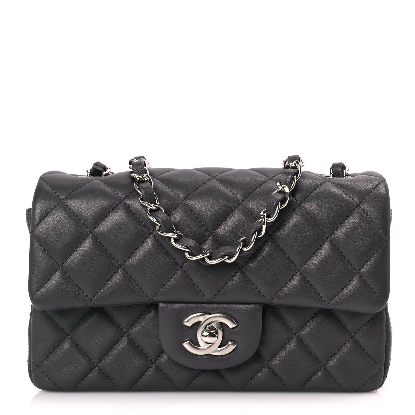 Lambskin Quilted Mini Rectangular Flap Dark Grey