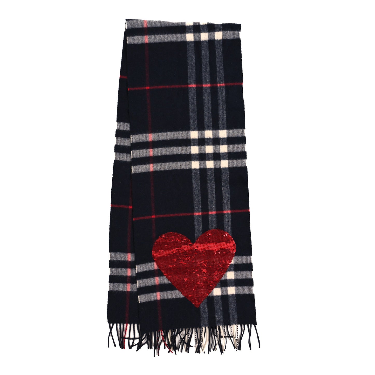 Cashmere Sequin Check Heart Fringe Scarf Navy Red