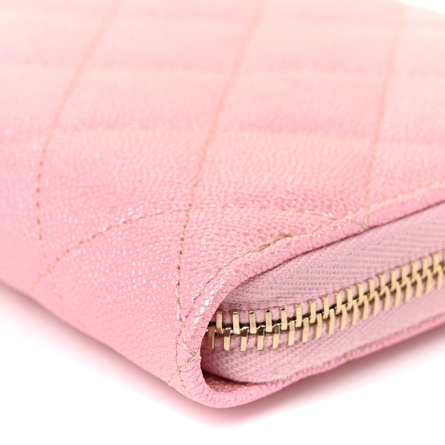 Iridescent Caviar Quilted Large Zip Around Wallet Pink