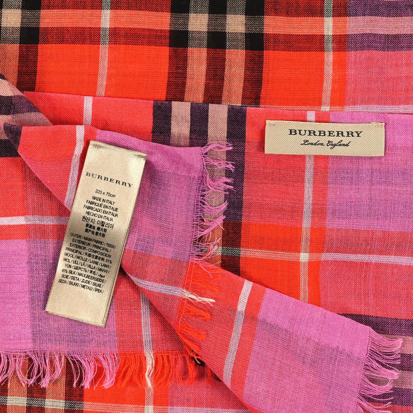 Wool Silk Gauze Vintage Check Scarf Orange Pink