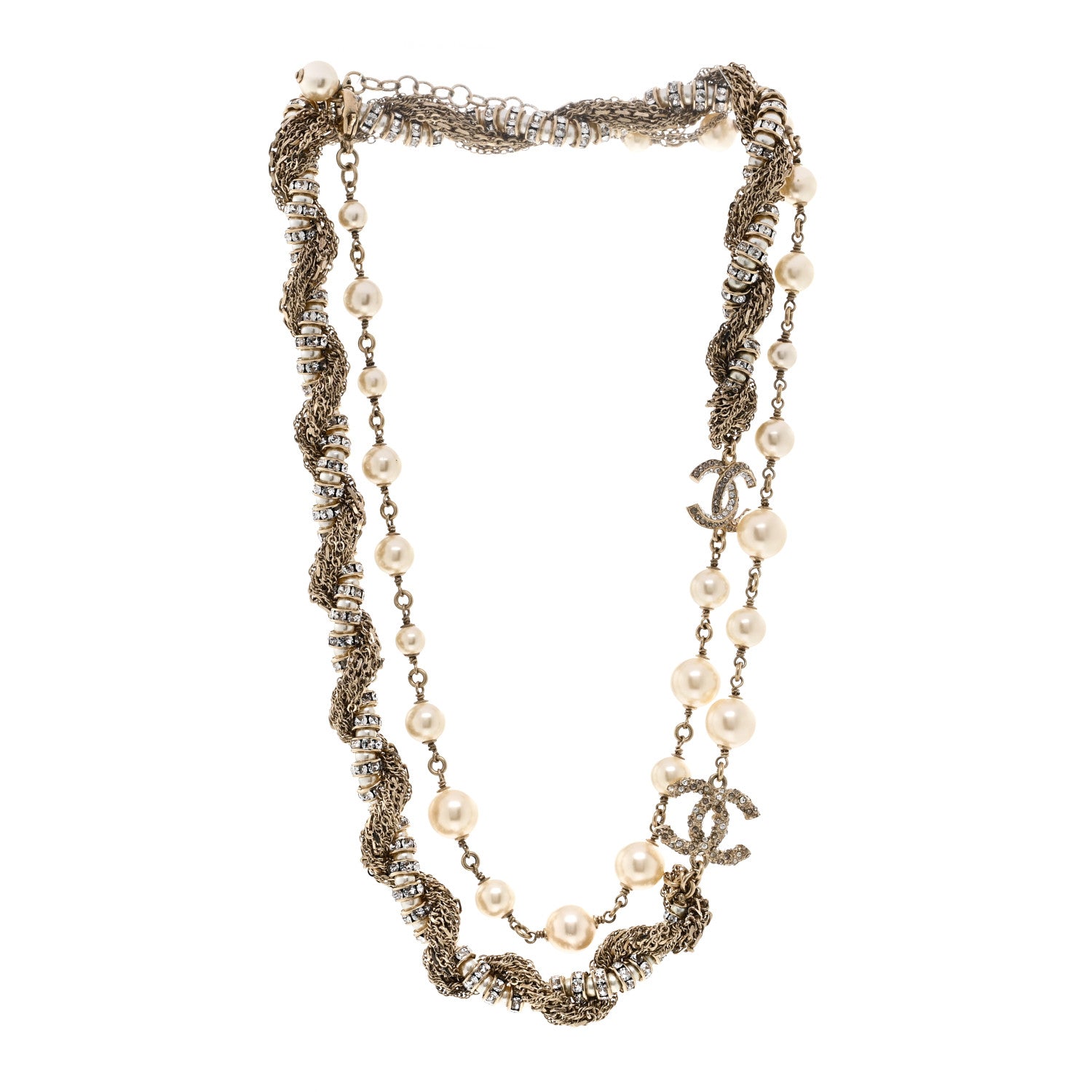 Chanel Pearl Crystal CC Braided Chain Long Necklace Light Gold 3 of 5