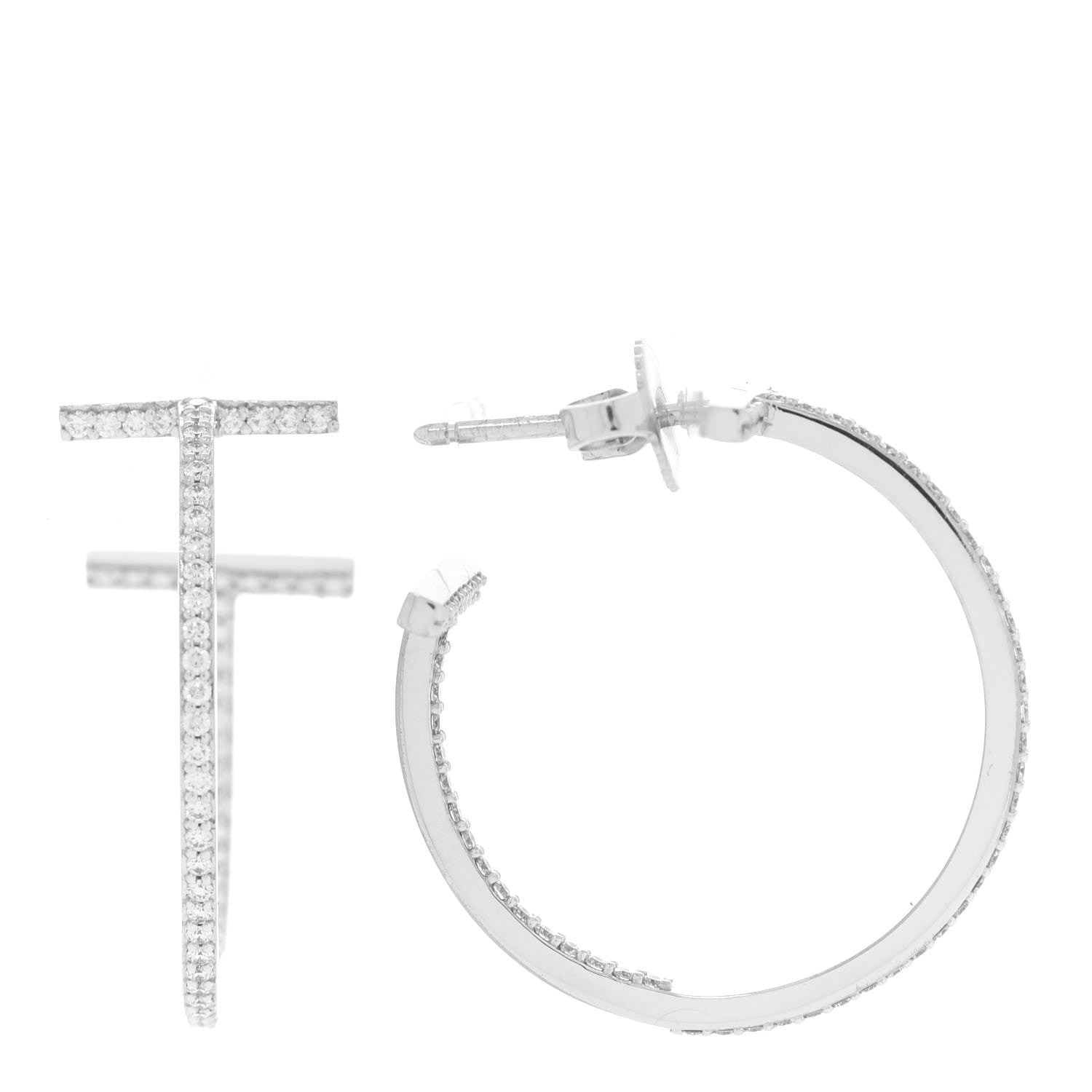 Tiffany 18K White Gold Diamond Medium T Wire Hoop Earrings 1 of 6