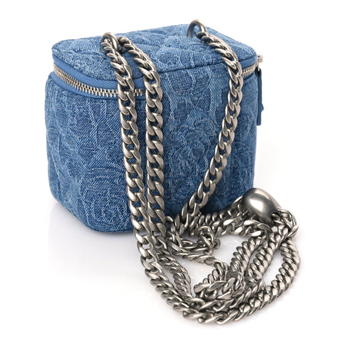 Denim Quilted Camellia Sweetheart Mini Vanity Case With Chain Blue