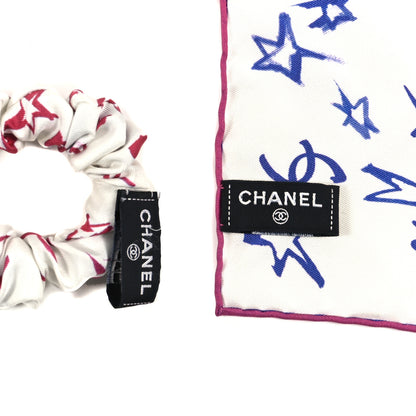 Chanel Silk CC Scrunchie and Scarf Hair Tie Set White Pink Blue 4 of 4