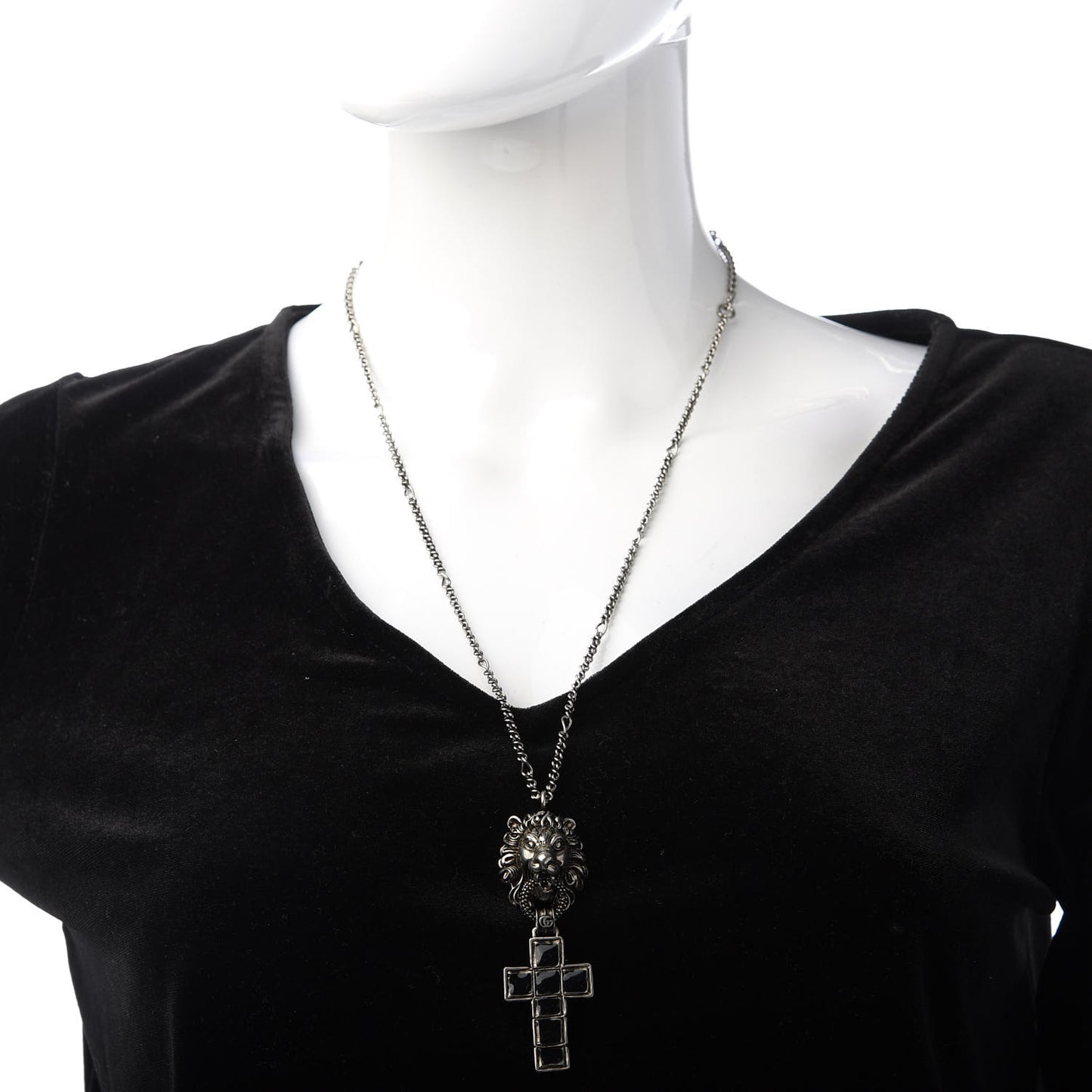 Enamel Brass Lion Head Crucifix Necklace Black