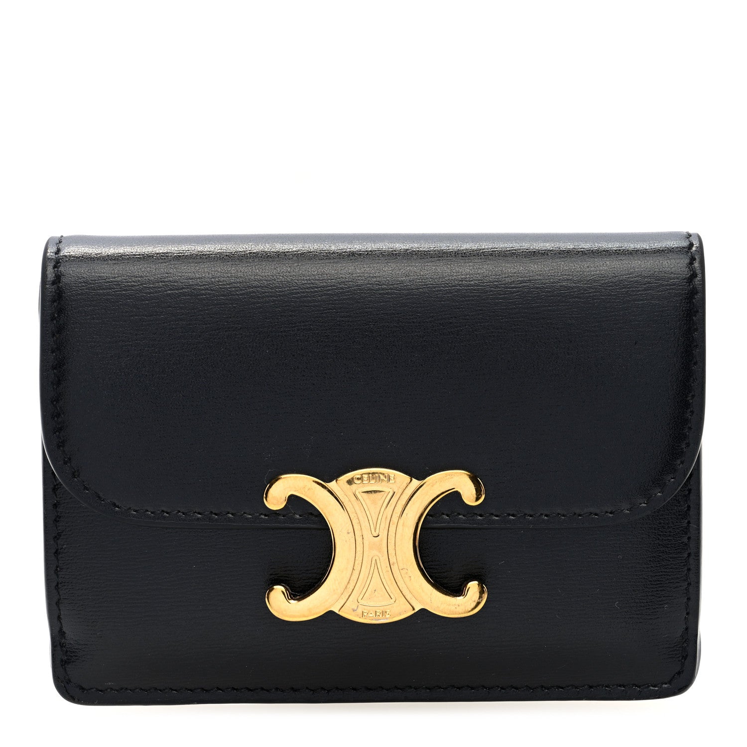 Celine Shiny Calfskin Triomphe Flap Card Holder Black 1 of 7