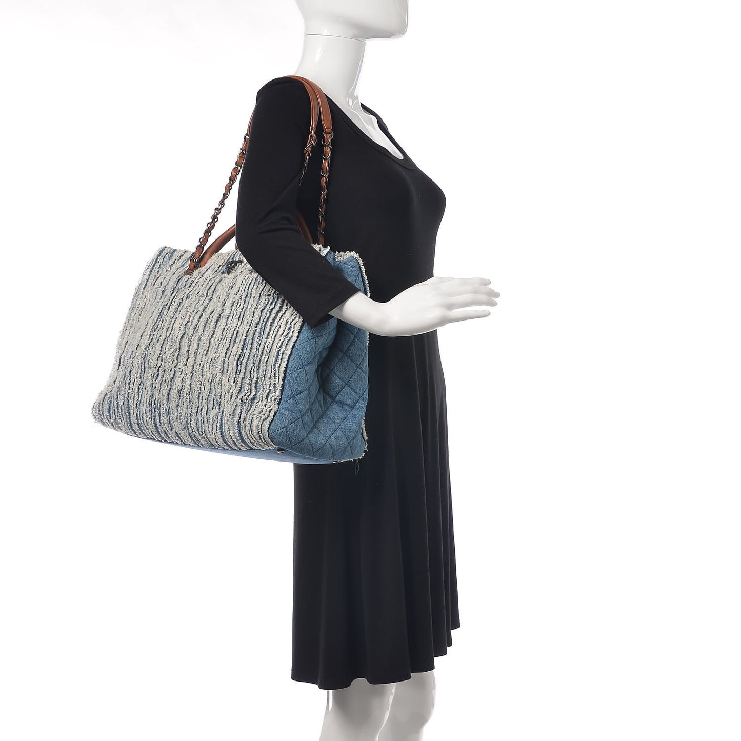 Denim Fringe Large Shopping Tote Blue