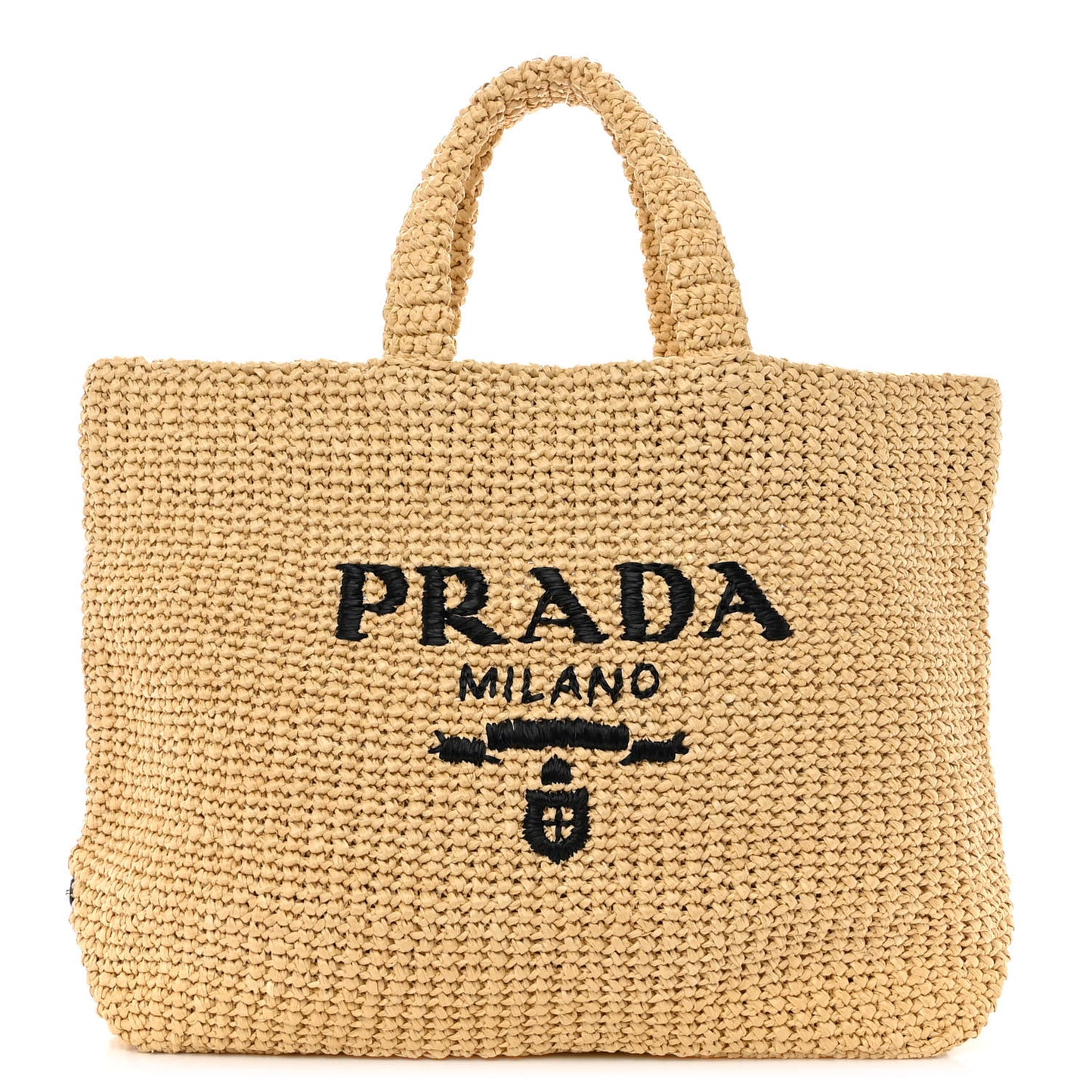 Yarn Raffia Effect Crochet Embroidered Logo Tote Naturale