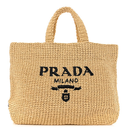 Prada Yarn Raffia Effect Crochet Embroidered Logo Tote Naturale 1 of 9