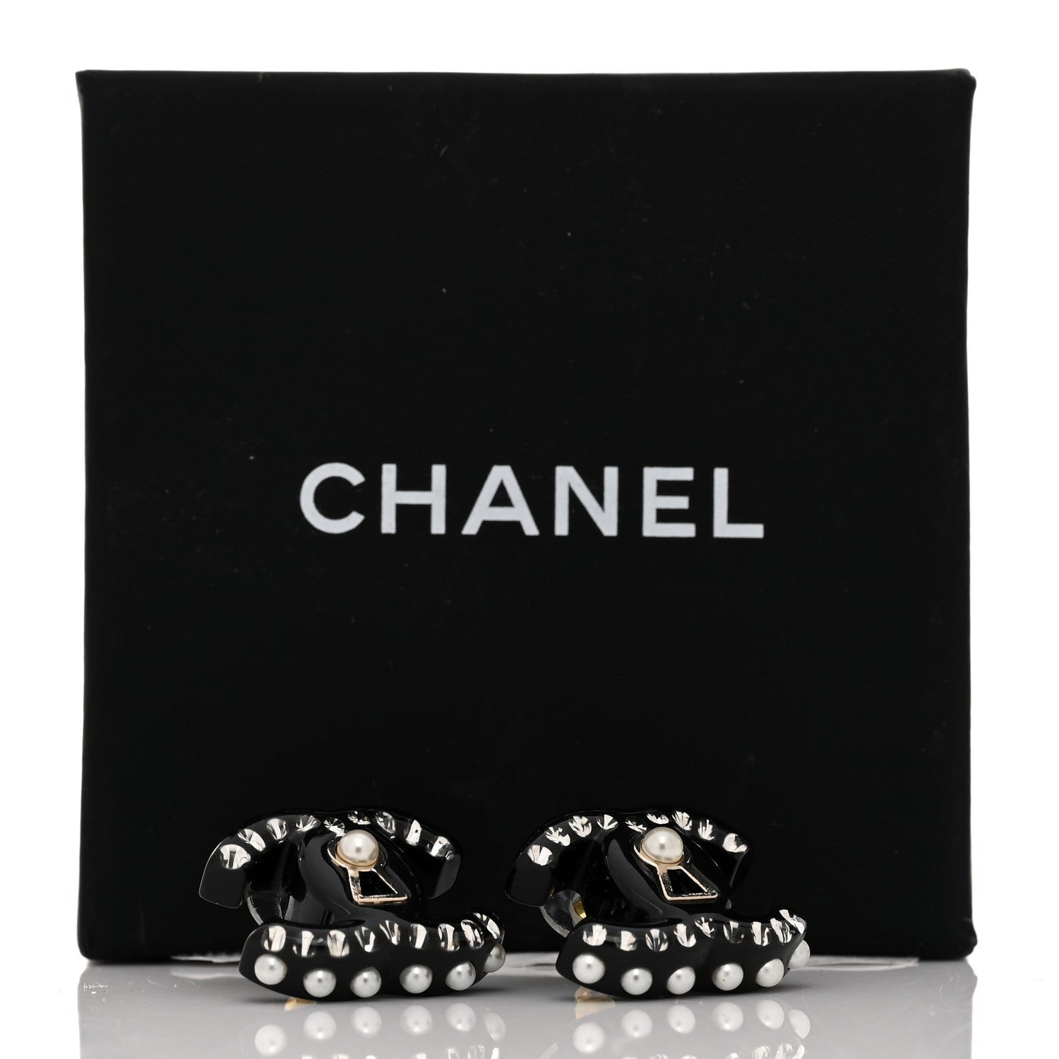 Chanel Resin Crystal Pearl CC Earrings Black 5 of 5