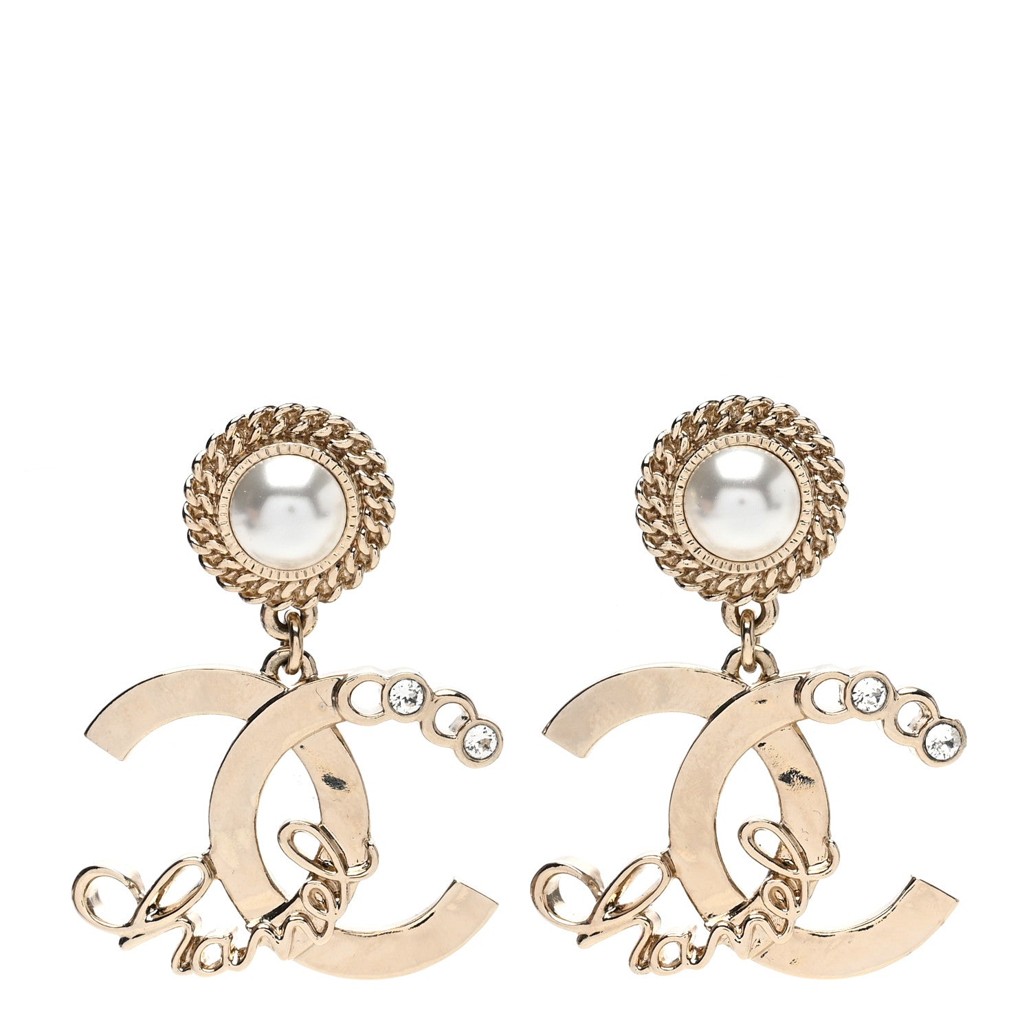 Chanel Metal Pearl Crystal Coco Script CC Drop Earrings Gold 1 of 4