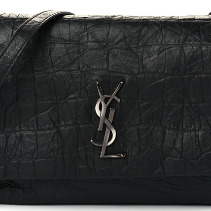 Saint Laurent Calfskin Crocodile Embossed Medium West Hollywood Monogram Fold-Over Black 10 of 12
