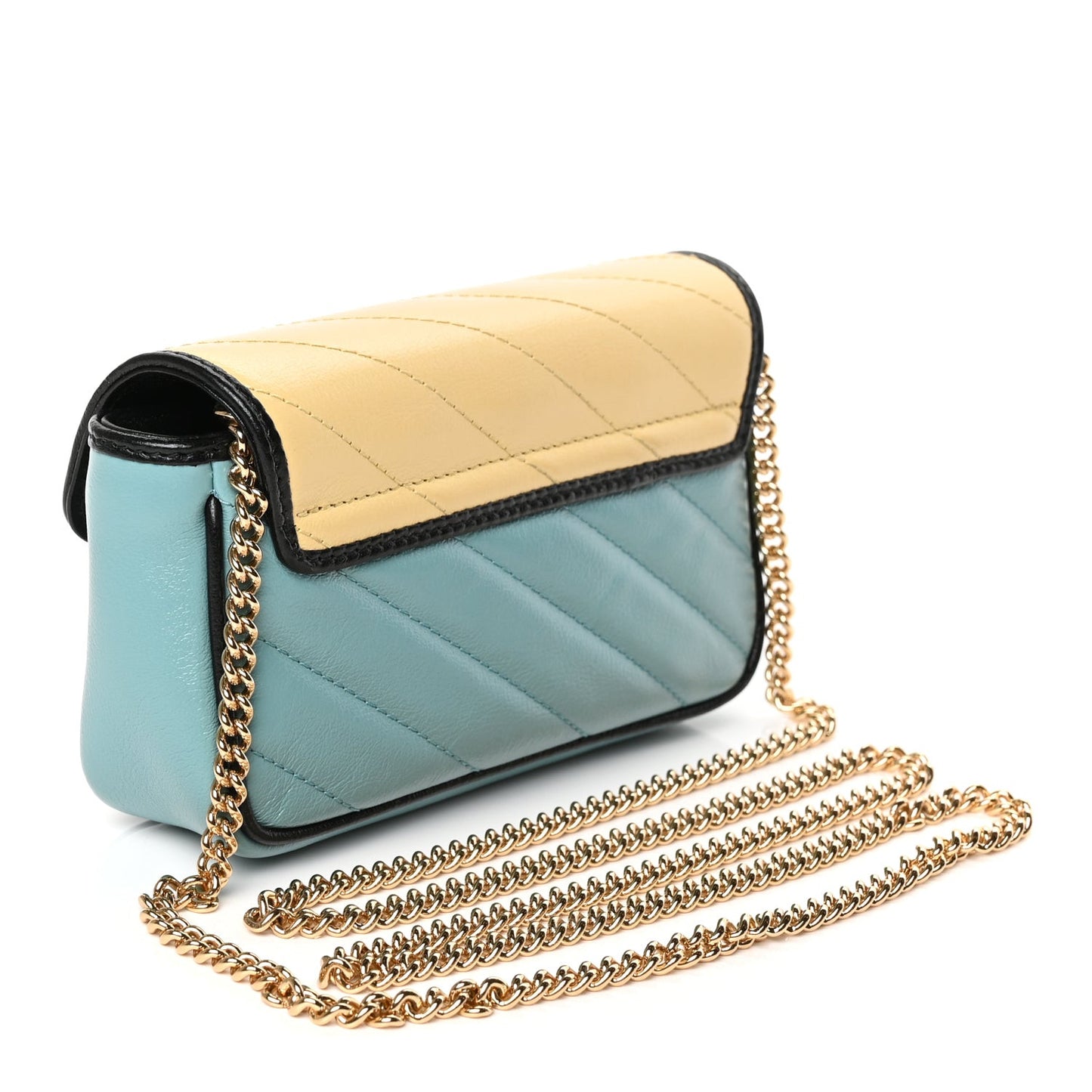 Azalea Calfskin Enamel Matelasse Diagonal Super Mini Torchon GG Marmont Shoulder Bag Butter Dusty Azure Black Electric Blue