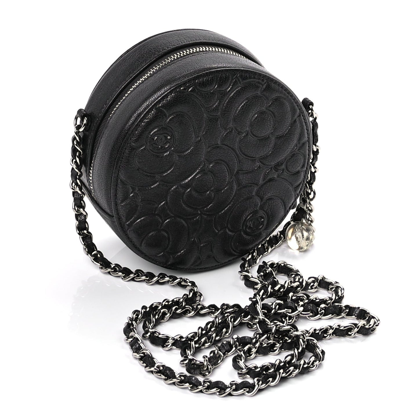 Goatskin Camellia Quilted Round Clutch With Chain Anthracite