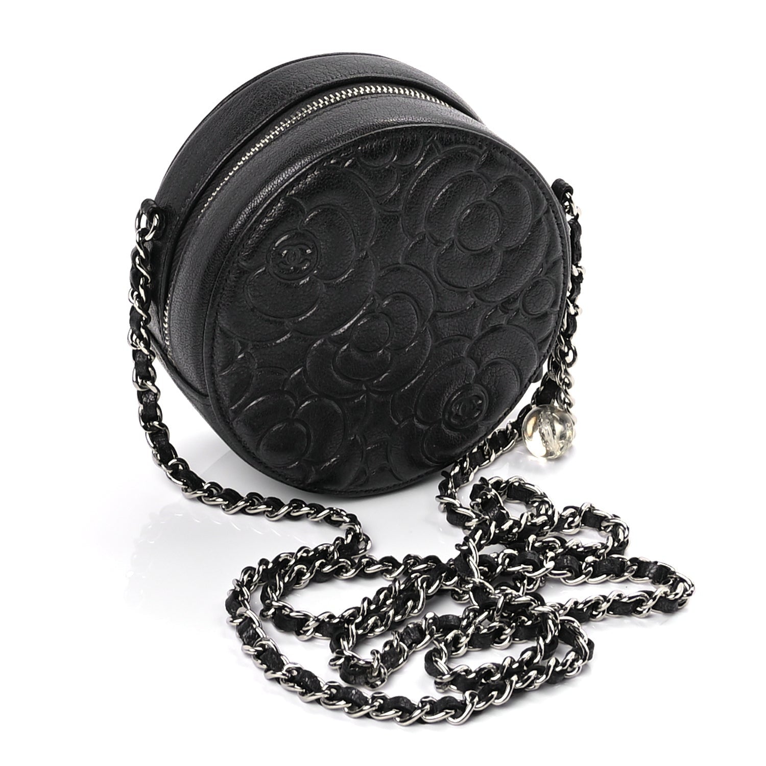 Chanel Goatskin Camellia Quilted Round Clutch With Chain Anthracite 2 of 8