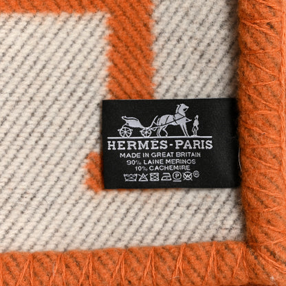 Hermes Wool Cashmere Signature Classic Avalon Blanket Ecru Potiron 3 of 4