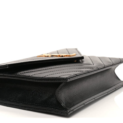Saint Laurent Grain De Poudre Matelasse Chevron Monogram Envelope Chain Wallet Black 8 of 9