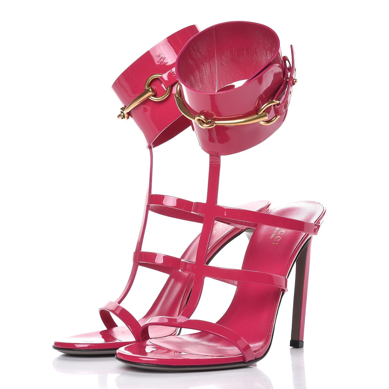 Gucci Patent Bright Bit Ankle Cuff Sandals 38.5 Shocking Pink 3 of 7