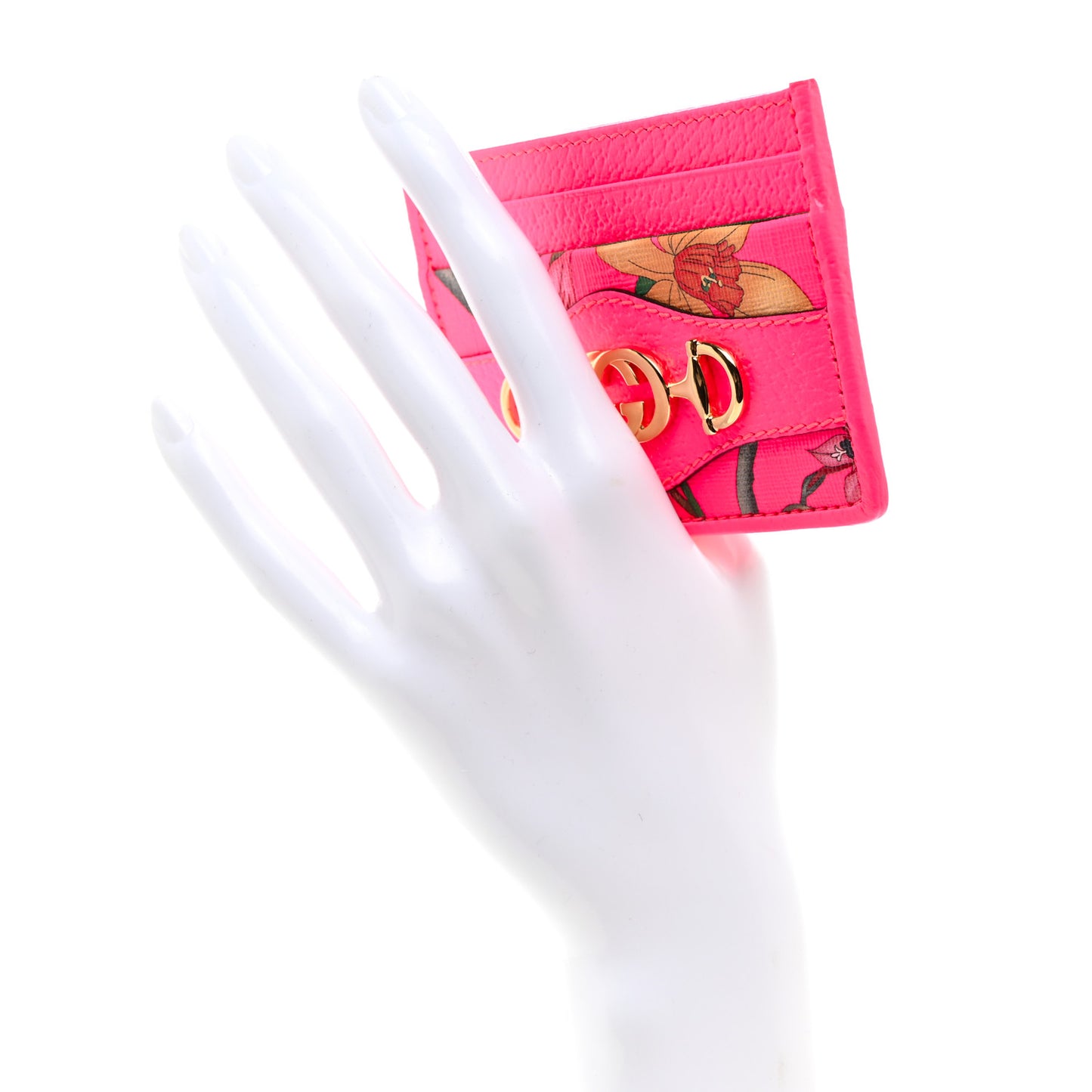 Calfskin Flora Print Zumi Card Holder Fuxia Fluo