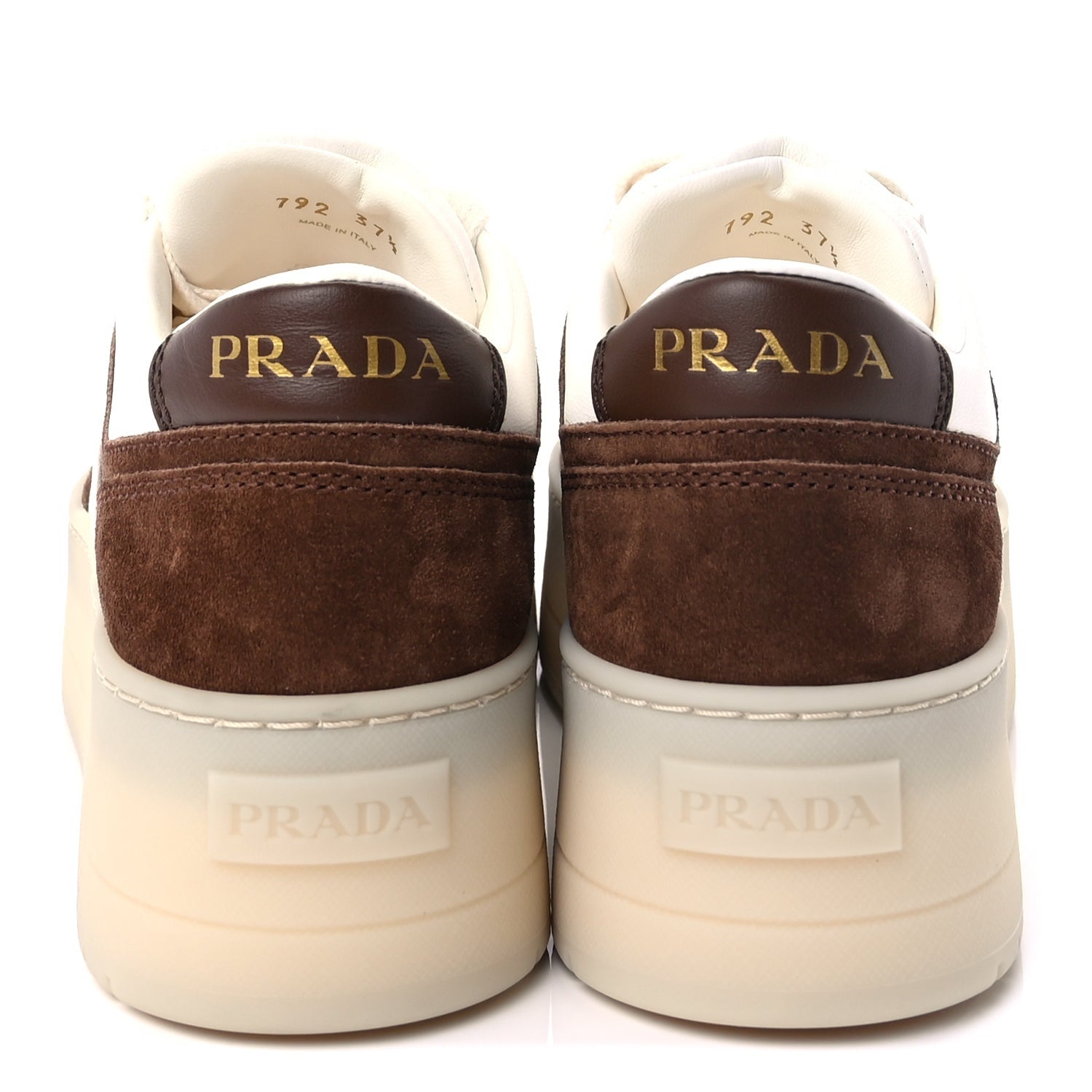 Prada Suede Nappa Triangle Womens Downtown Platform Low Top Sneakers 37.5 White Cocoa Brown 5 of 10