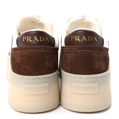 Prada Suede Nappa Triangle Womens Downtown Platform Low Top Sneakers 37.5 White Cocoa Brown 5 of 10