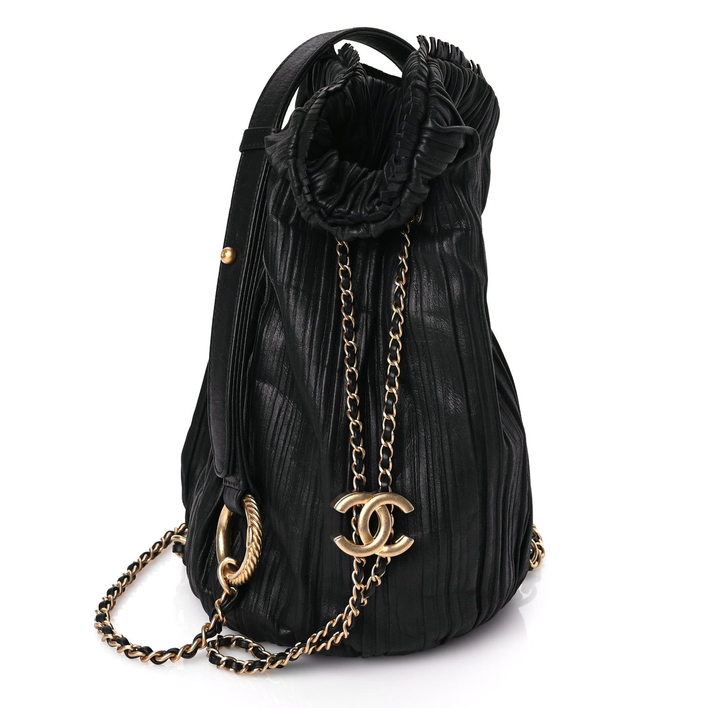 Iridescent Crumpled Calfskin Small Coco Pleats Backpack Black