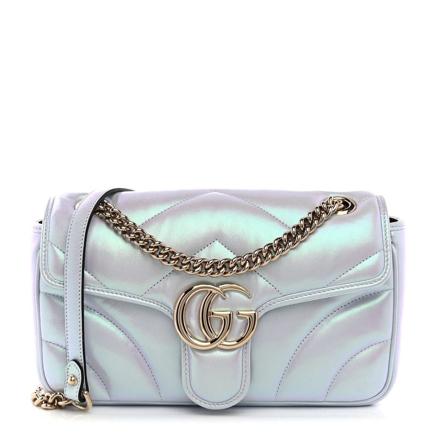 Iridescent Nappa Chevron Matelasse Small GG Marmont Shoulder Bag Iridescent Snow Light Blue