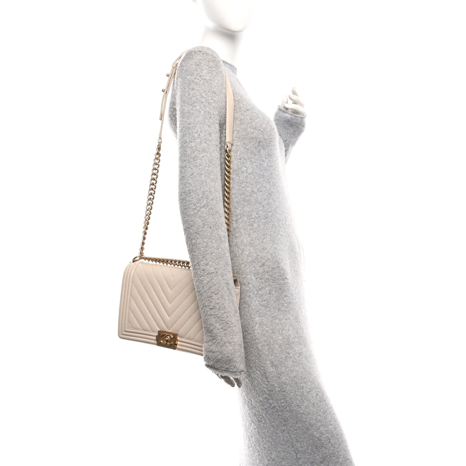 Chanel Caviar Chevron Quilted New Medium Boy Flap Beige 2 of 11