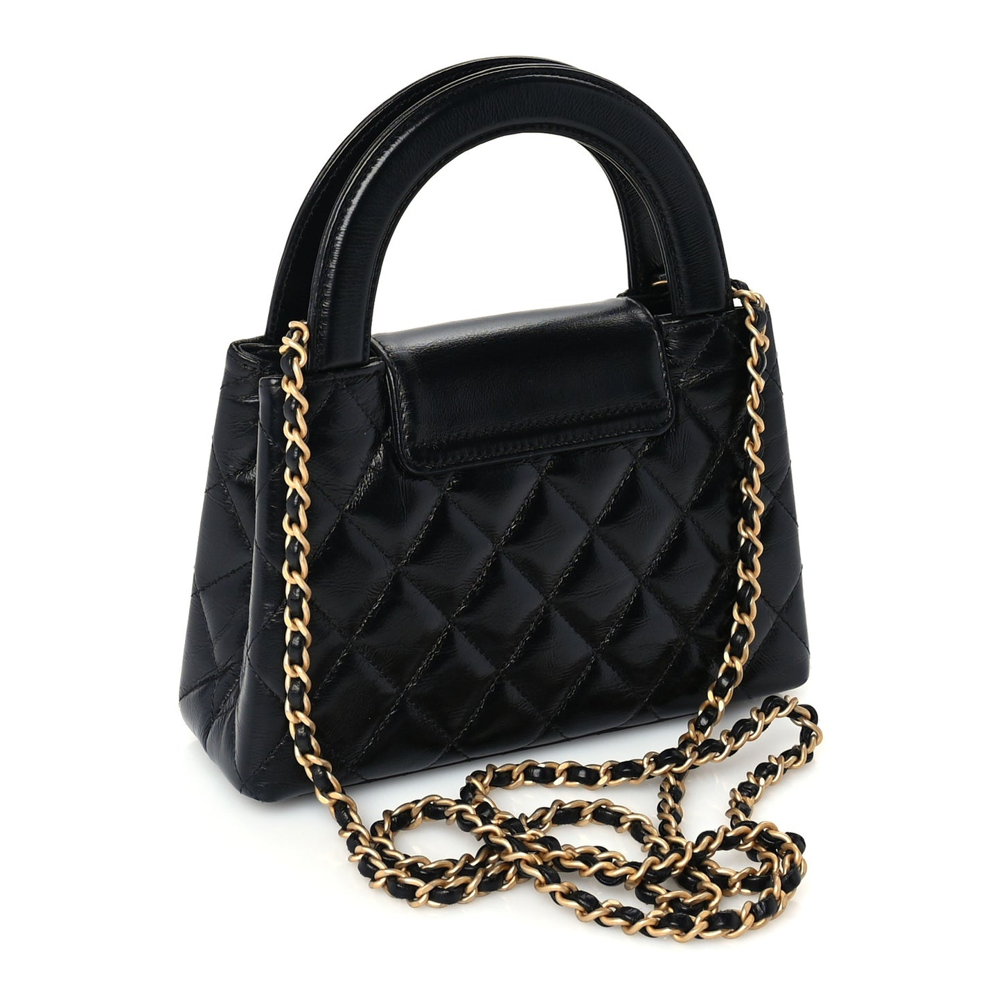 Shiny Aged Calfskin Quilted Nano Kelly Shopper Black