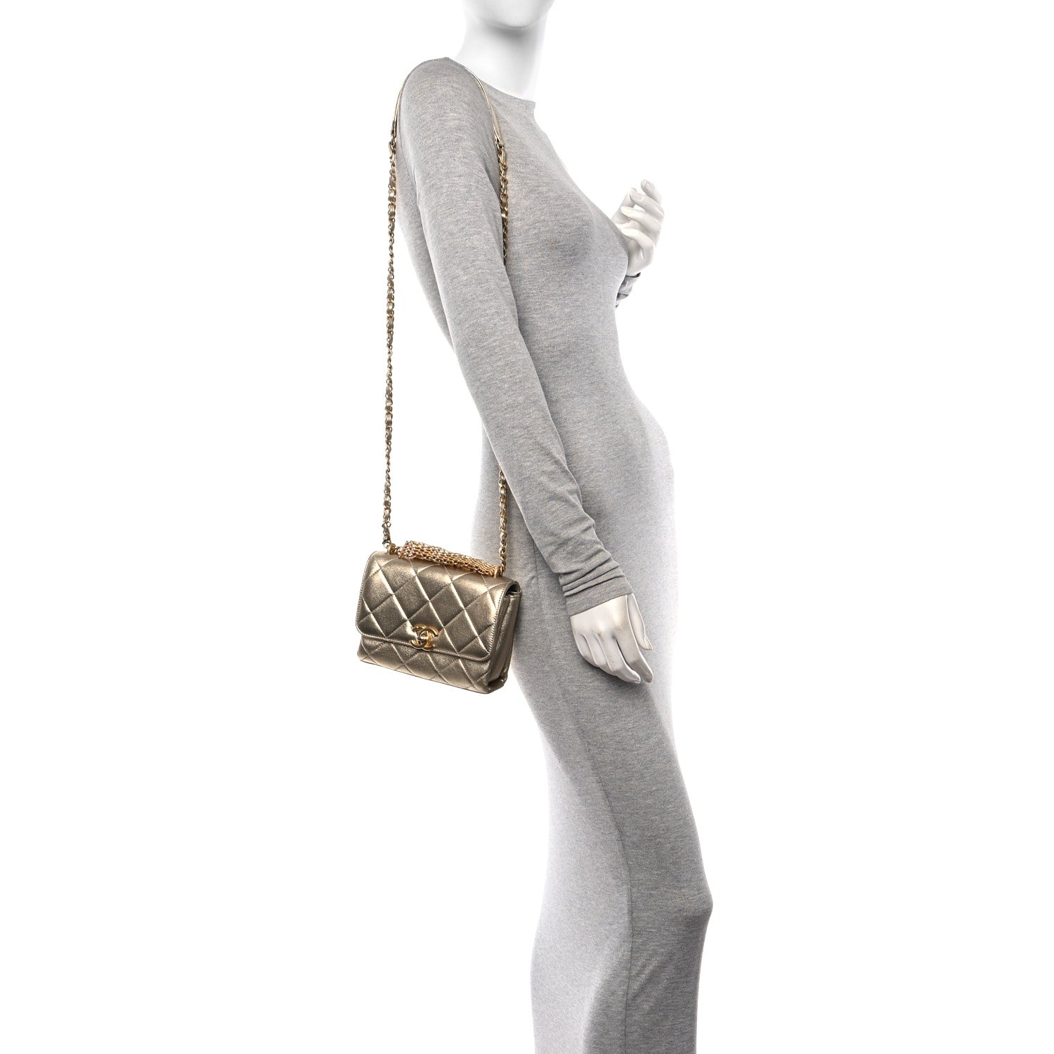 Chanel Metallic Lambskin Quilted Mini CC Crystal Logo Chain Flap Gold 2 of 10