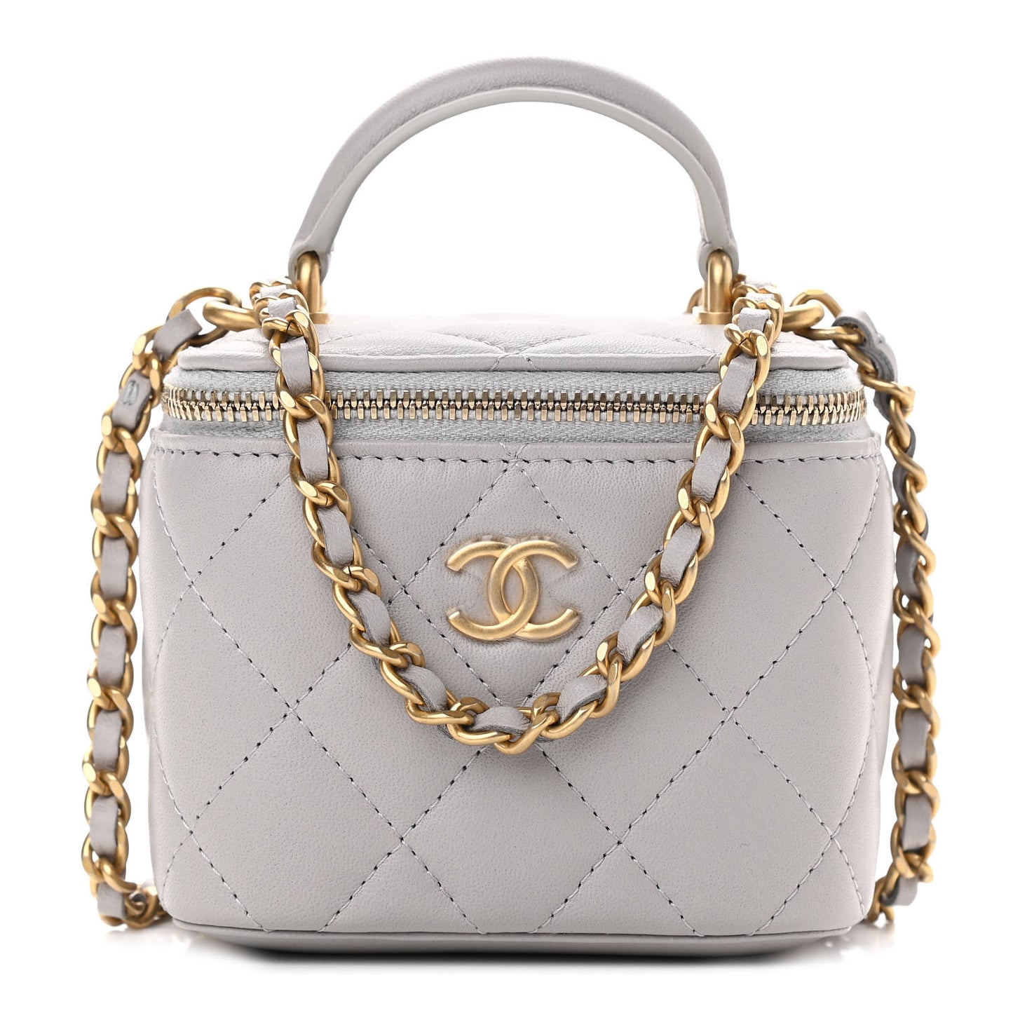 Lambskin Quilted Top Handle Mini Vanity Case With Chain Grey