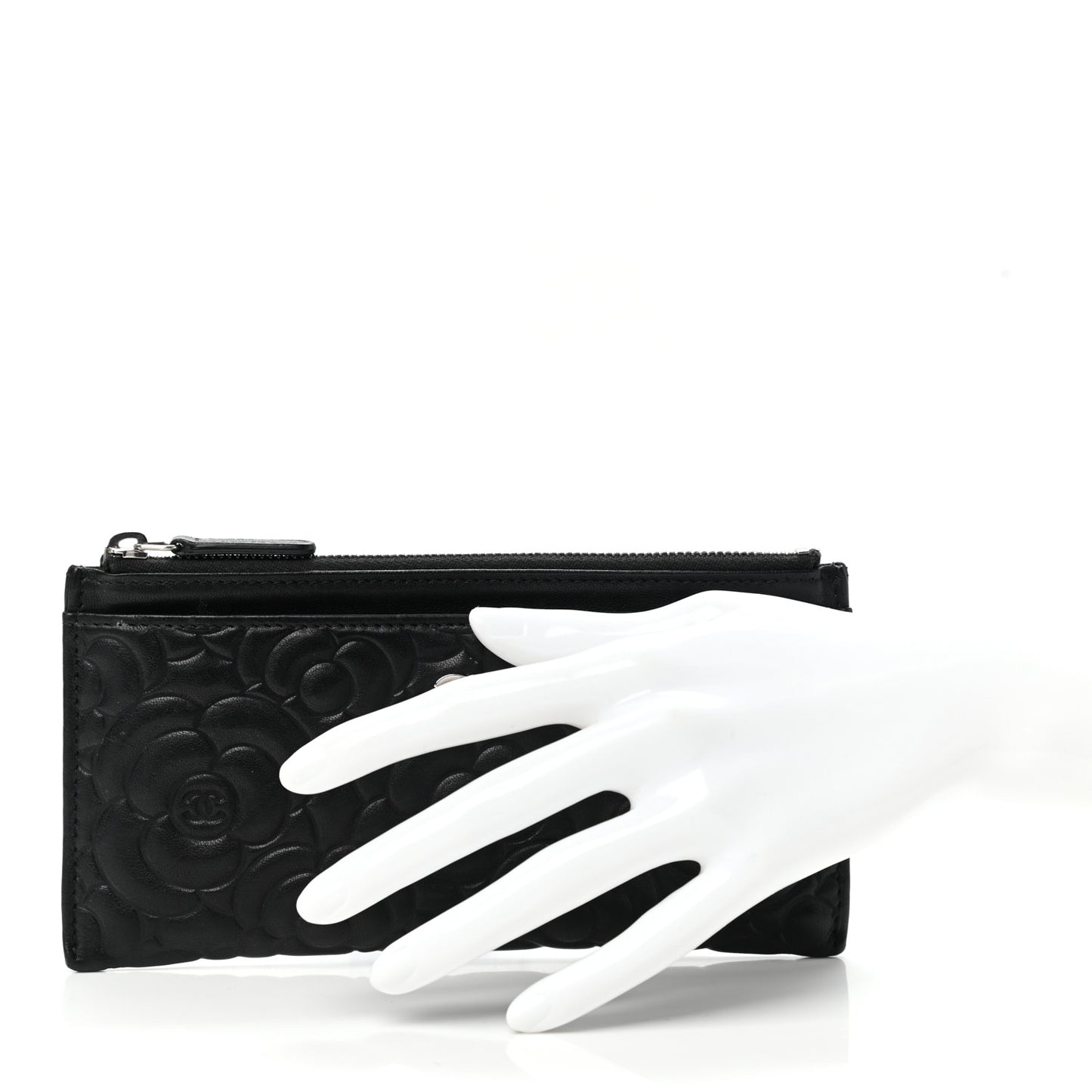 Goatskin Camellia Embossed Zip Pouch Black