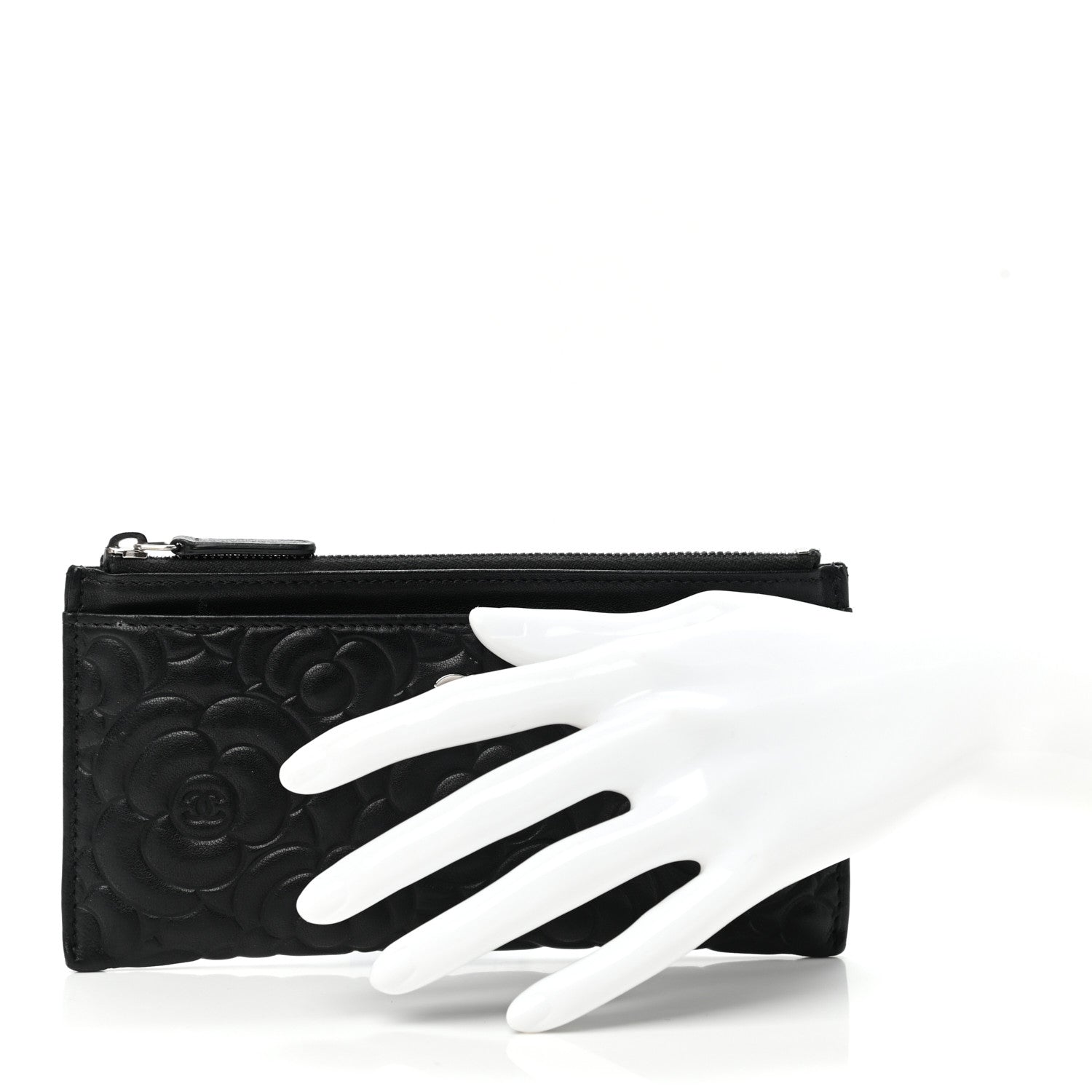 Chanel Goatskin Camellia Embossed Zip Pouch Black 2 of 9