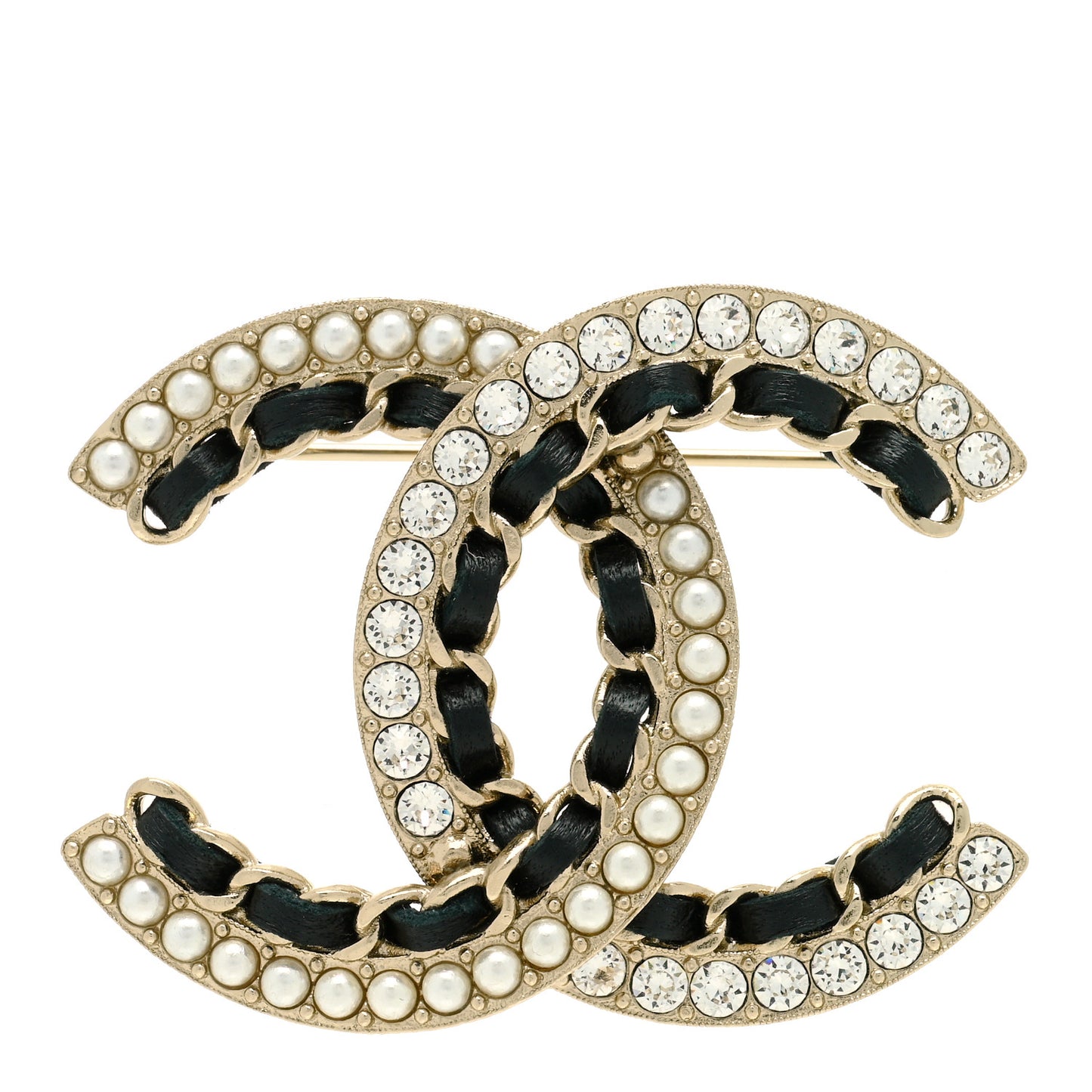 Lambskin Crystal CC Chain Brooch Black Gold