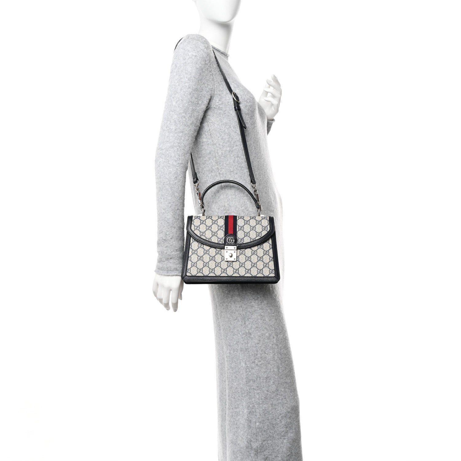 Gucci GG Supreme Monogram Textured Dollar Calfskin Web Small Ophidia Padlock Top Handle Bag Beige Blue 2 of 11