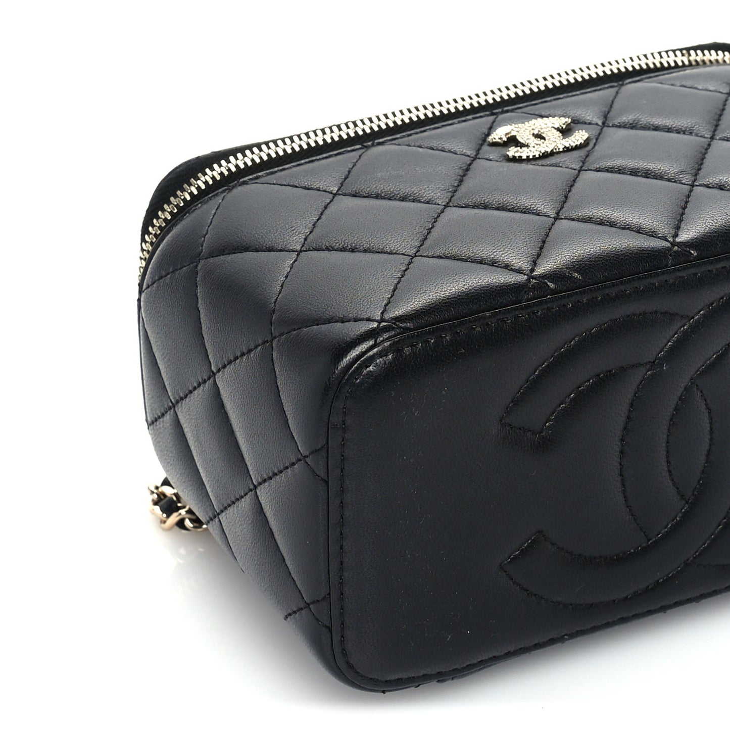 Lambskin Crystal Quilted Trendy Small Top Handle Vanity Case With Chain Black