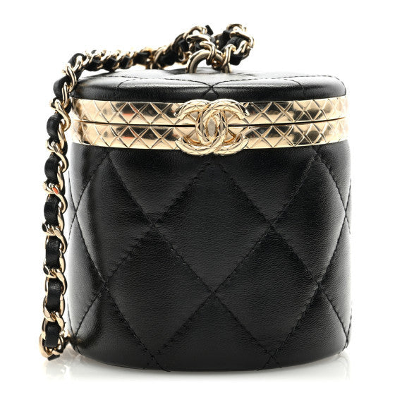 Metal Lambskin Quilted Mini Lock Frame Vanity Clutch Black