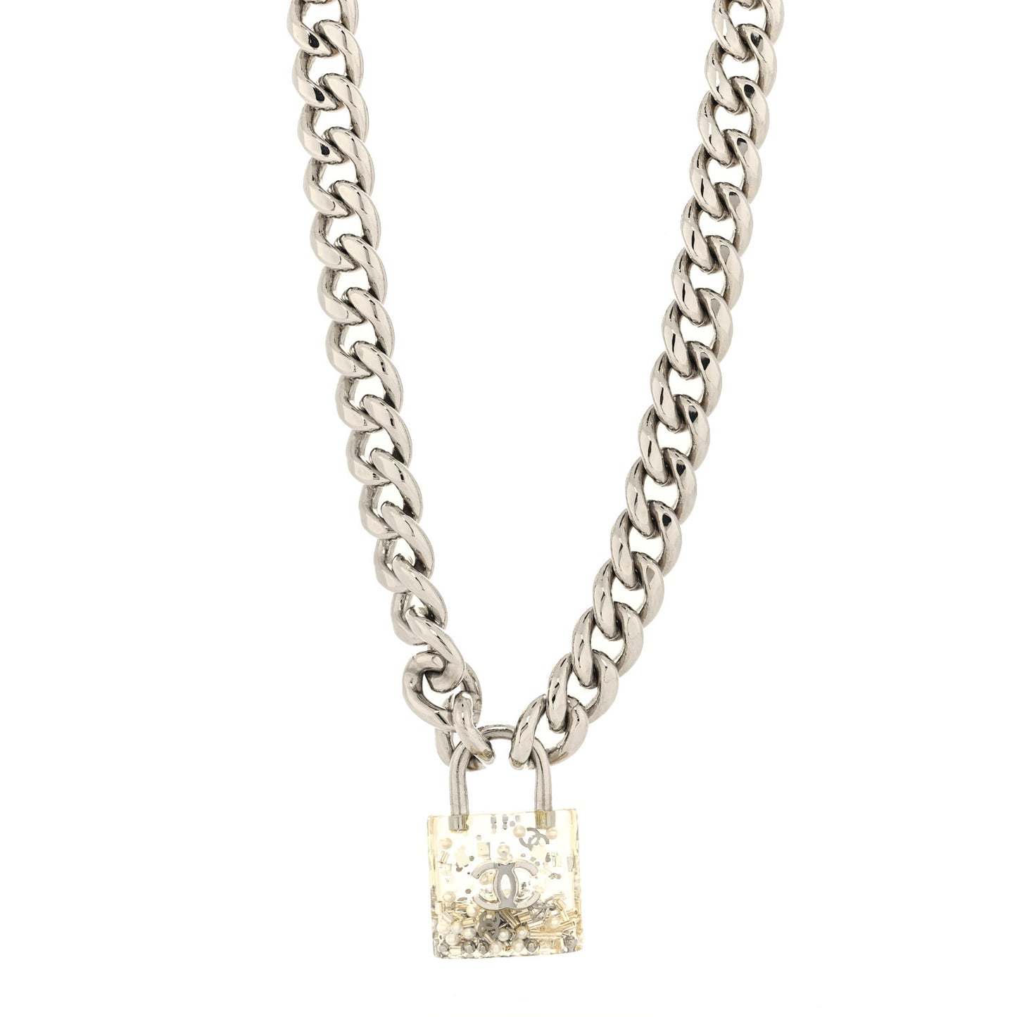 Resin CC Oversized Padlock Chain Necklace Silver Pearly White
